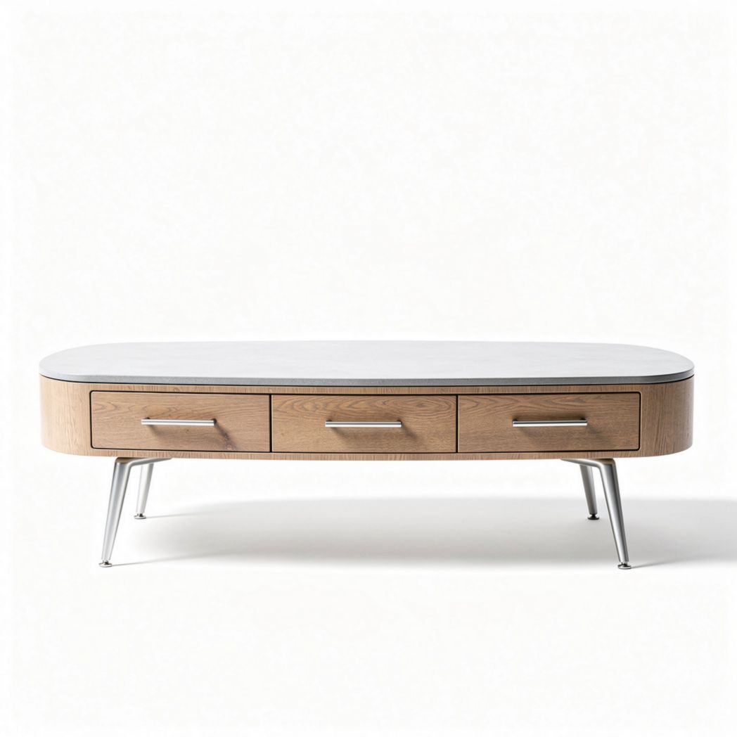 Table basse en bois avec tiroirs dimensions 110 x 60 x 40cm couleur chêne et plateau blanc