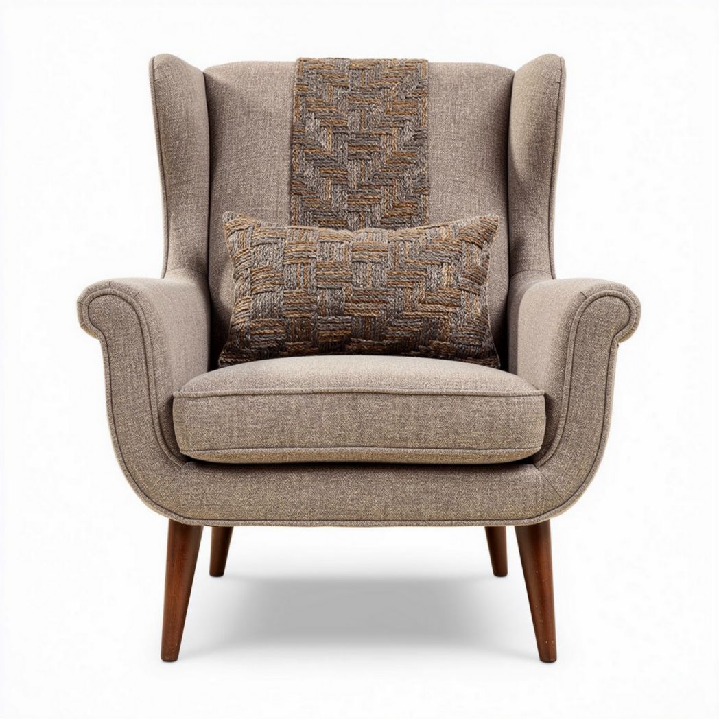 Fauteuil moderne en tissu beige avec coussin décoratif tissé dimensions 80 x 80 x 100cm