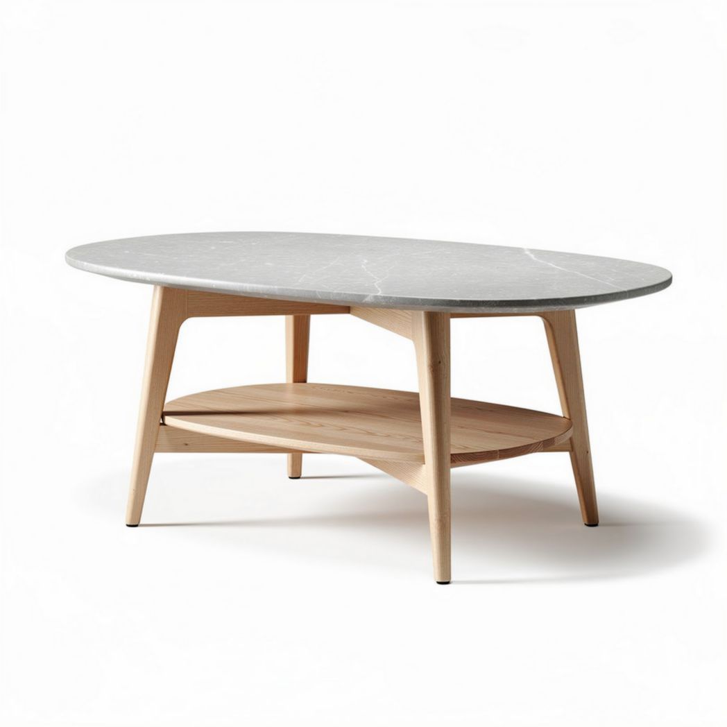 Table basse ovale en marbre gris et bois de hêtre 120 x 80 x 40cm